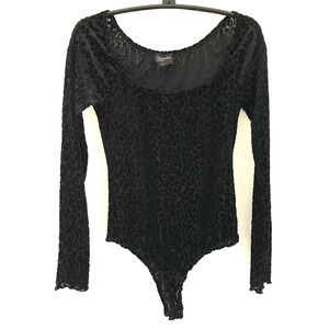 Free Press Black Velvet Sheer Leopard Animal Print Bodysuit Top XS Stretch 32"
